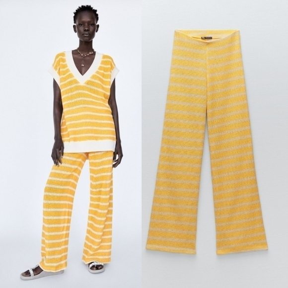 New Zara Rustic Striped Knit High Waist Blogger Favorite Resortwear Pants Small - Picture 3 of 12